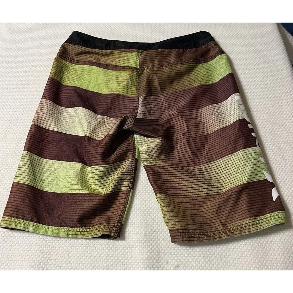 Hurley Men’s Board Shorts Size 29 Brown Green Striped Surf Swim Trunks